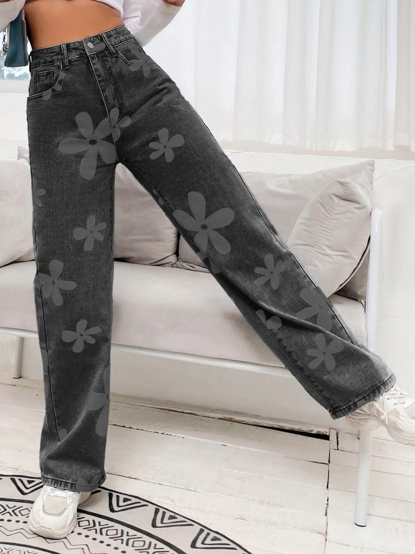 Dark blue floral wide leg jeans styled outfit view