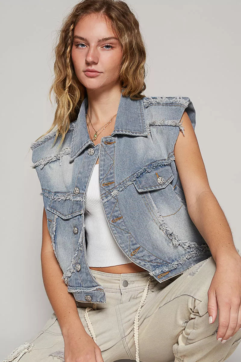 Distressed denim vest back view