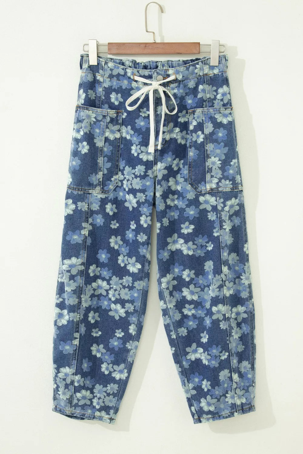 Dainty floral barrel jeans back view