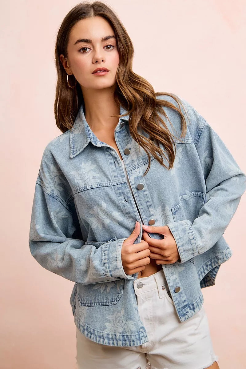 Floral print denim jacket worn open