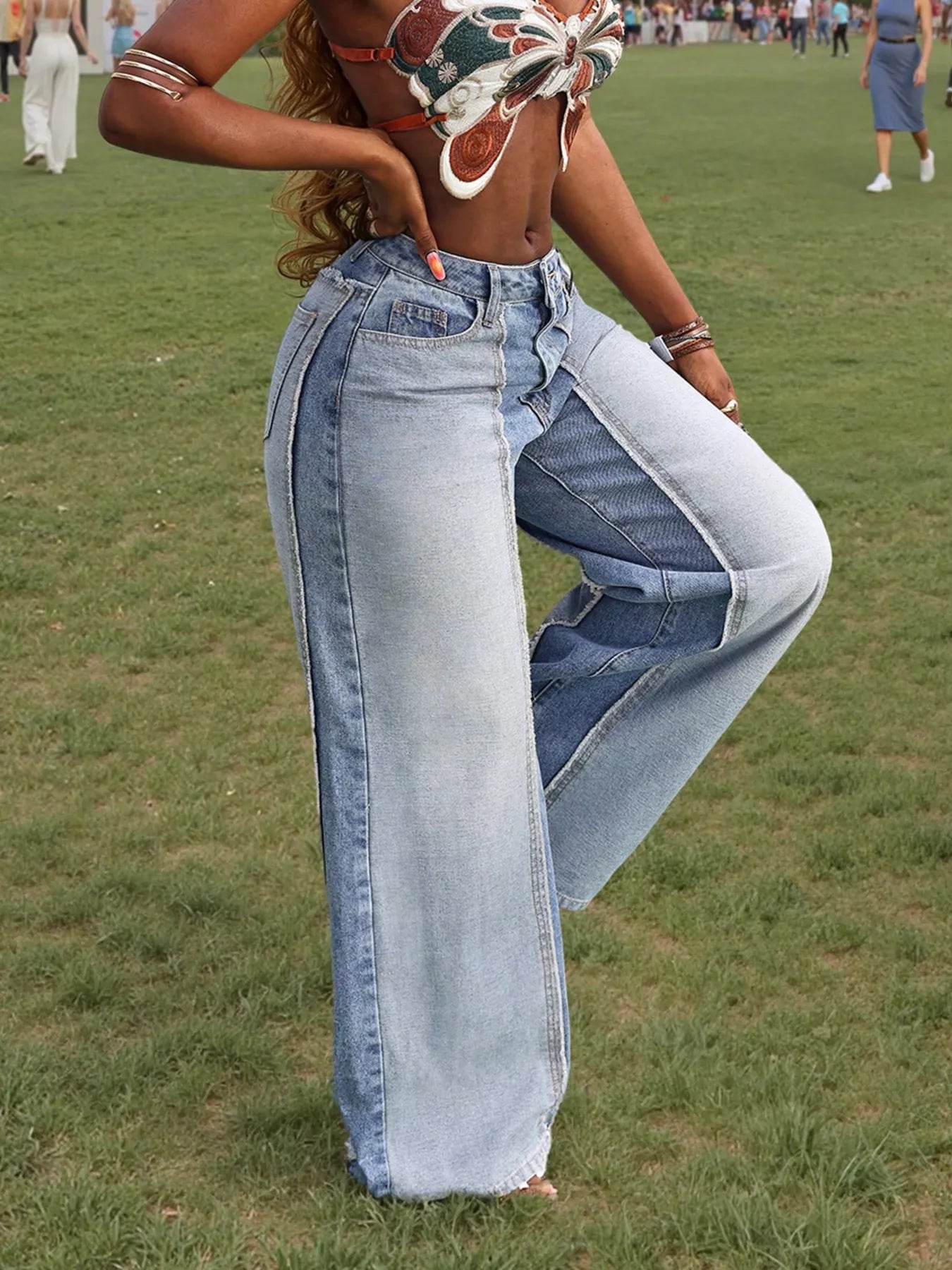 Woman wearing patchwork wide leg jeans