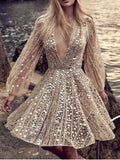 Sequin deep V neck mini dress front view