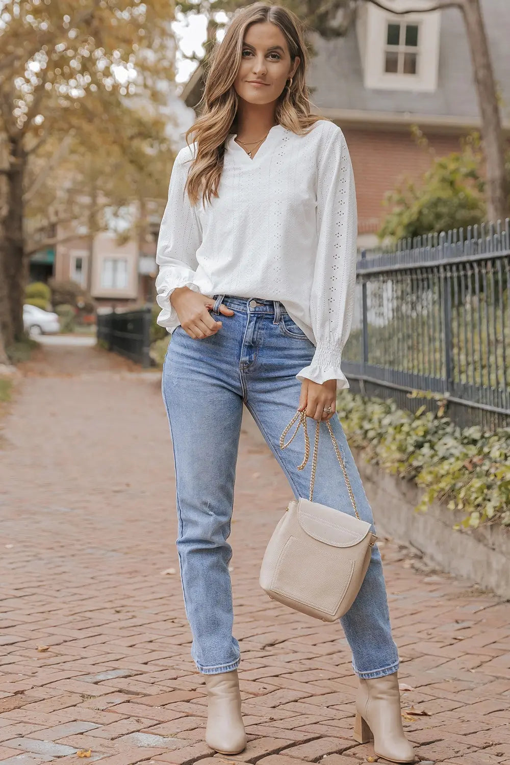 Flounce sleeve blouse styled outfit