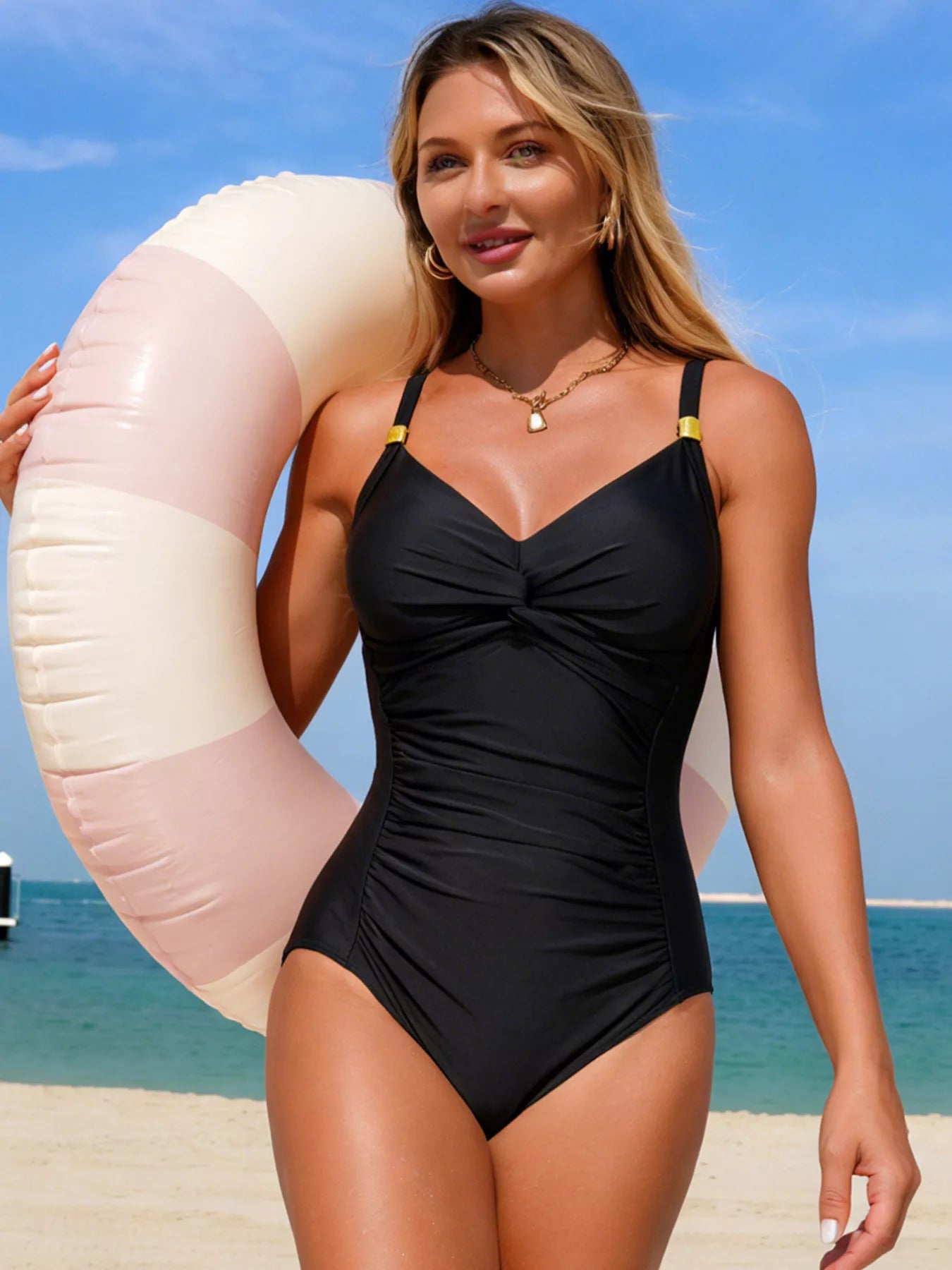 One piece swimsuit in teal front view
