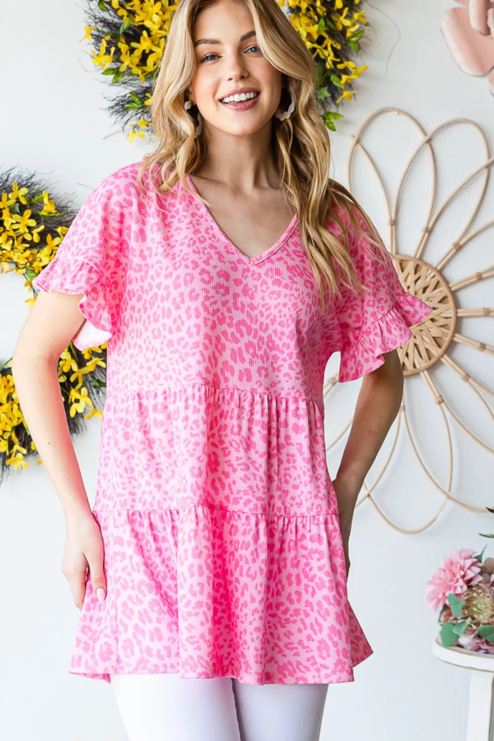 Leopard ruffle trim short sleeve top on model front