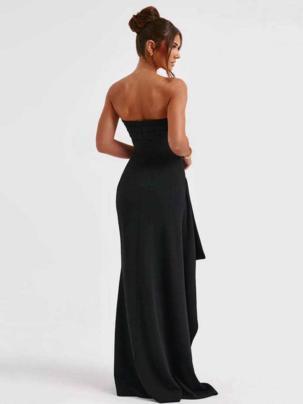 Strapless ruched maxi dress styled with heels