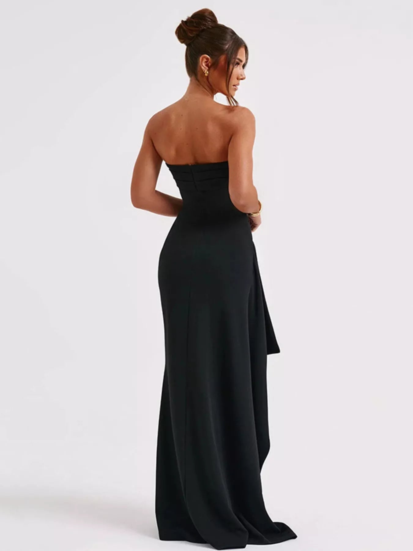 Strapless ruched maxi dress styled with heels