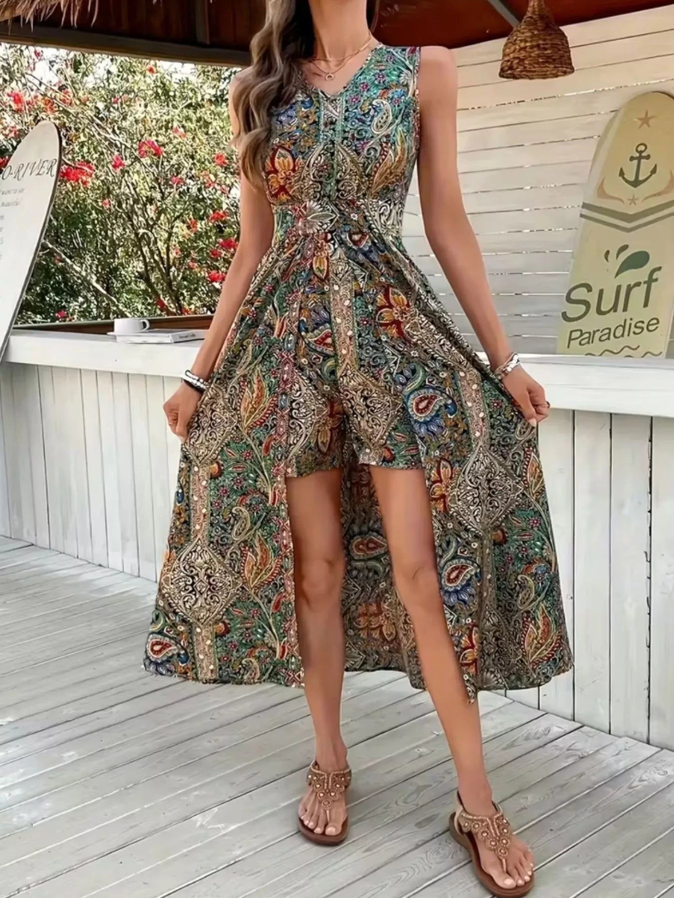 Sleeveless romper neckline and shoulder detail