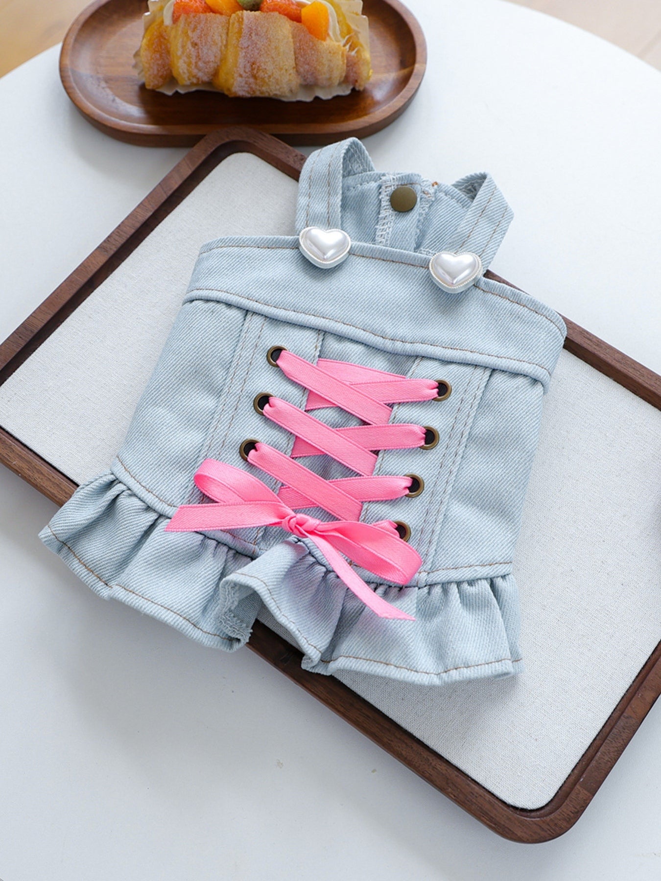 Denim dog dress full length on pet