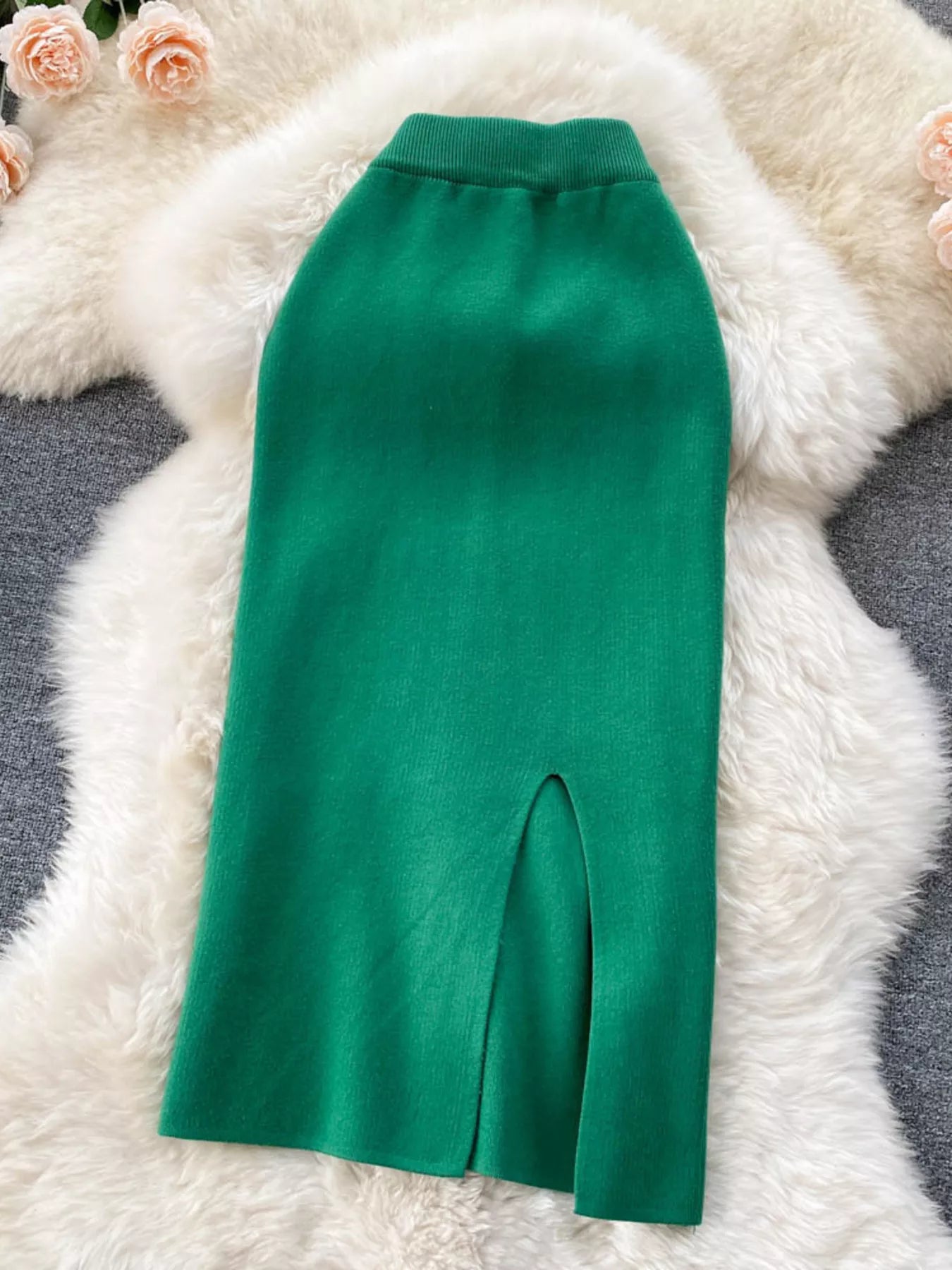 Green slit knit midi skirt side view