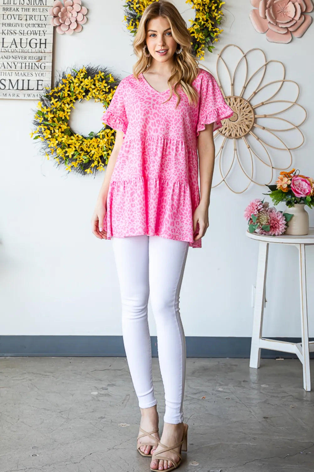 Leopard ruffle trim top fabric stretch detail