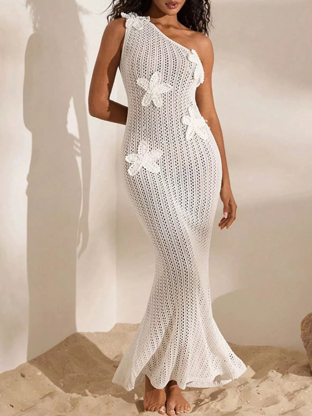 Crochet knit detail of white one shoulder maxi dress