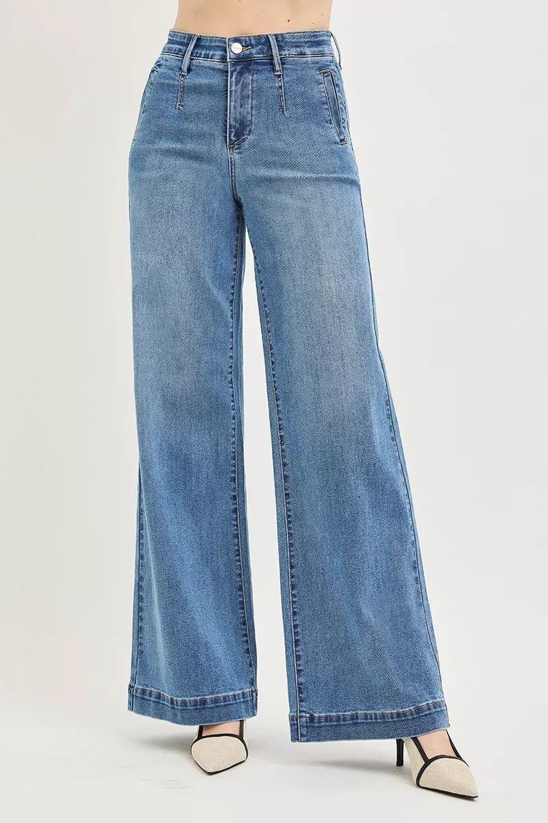 Woman wearing RISEN tummy control wide leg jeans
