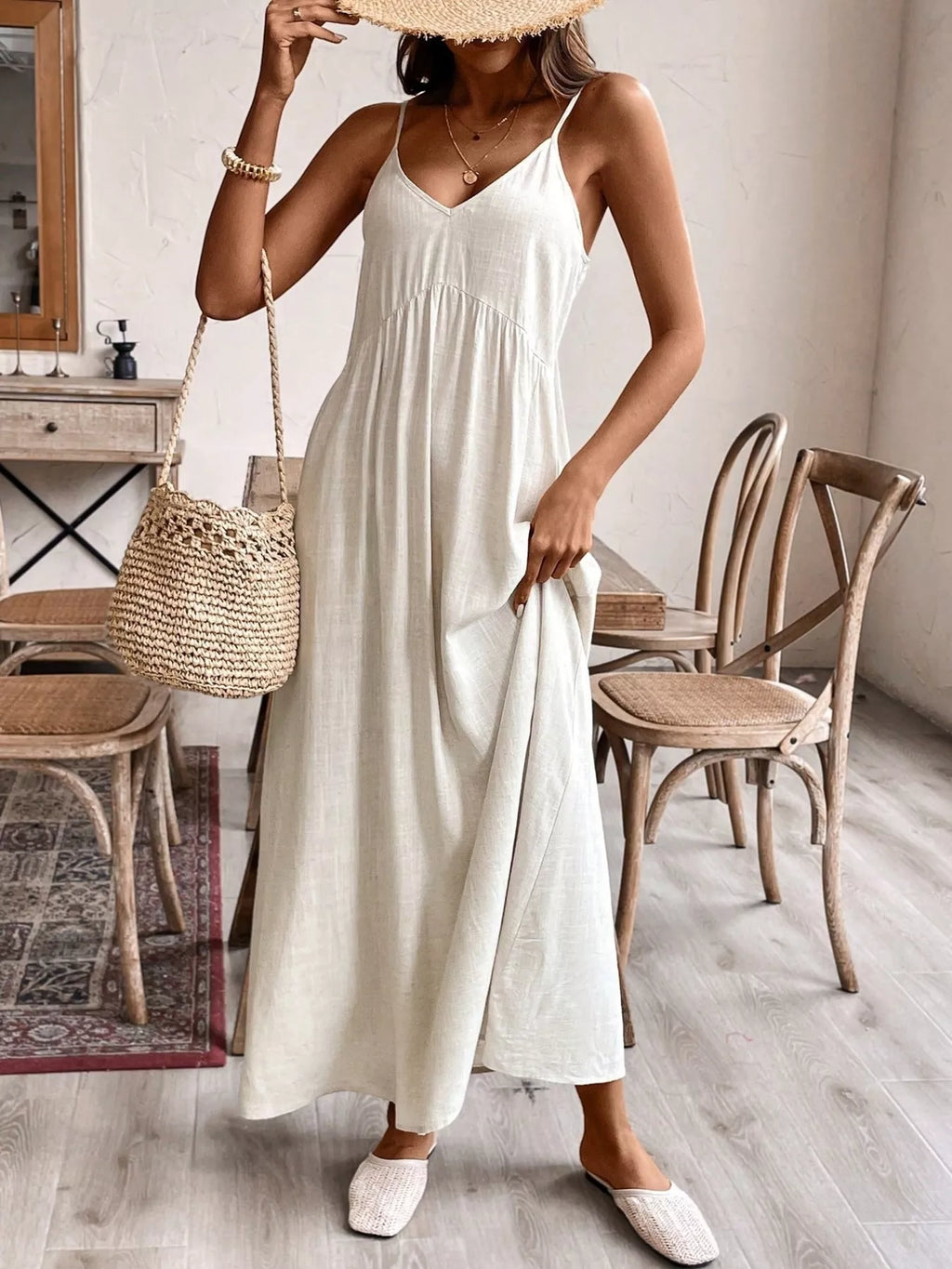 Spaghetti strap summer maxi dress back view