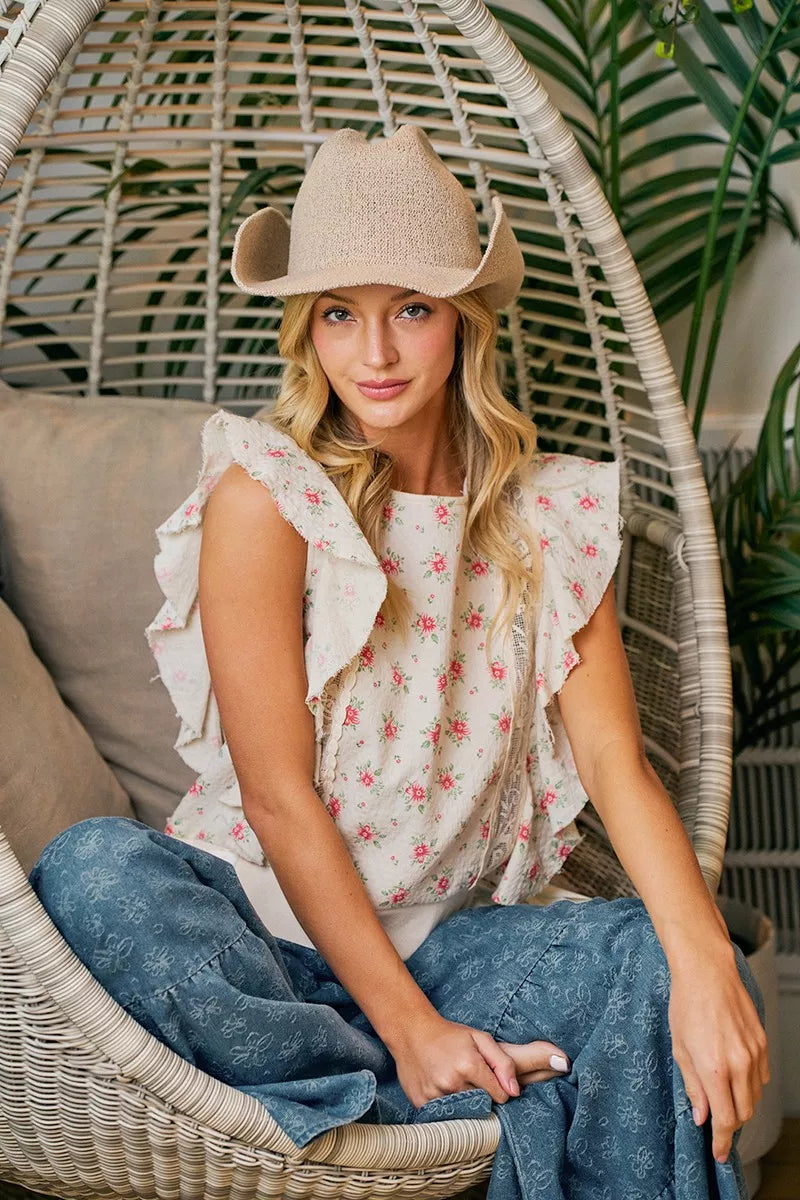 Red floral print womens top view