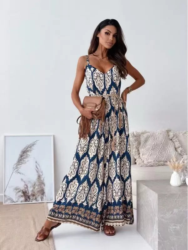 Printed jumpsuit strap and neckline detail