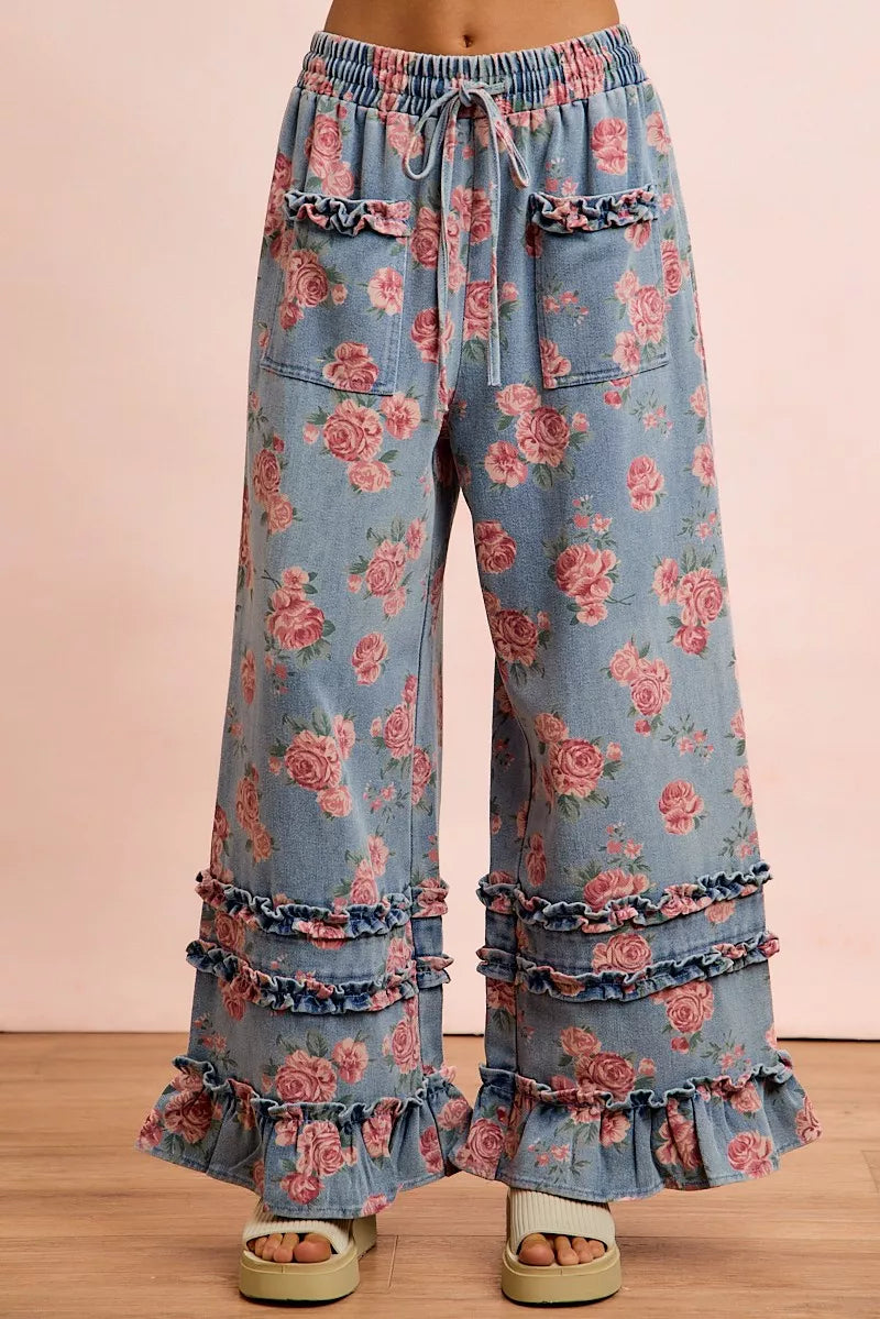 Floral denim wide leg pants back view