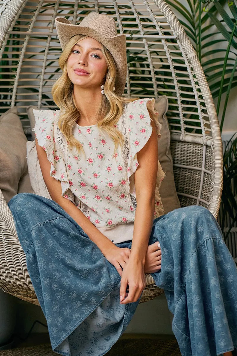 Casual floral ruffle sleeve top view
