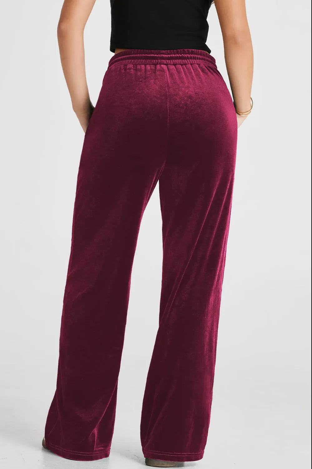 Wide leg lounge pants angled view on model