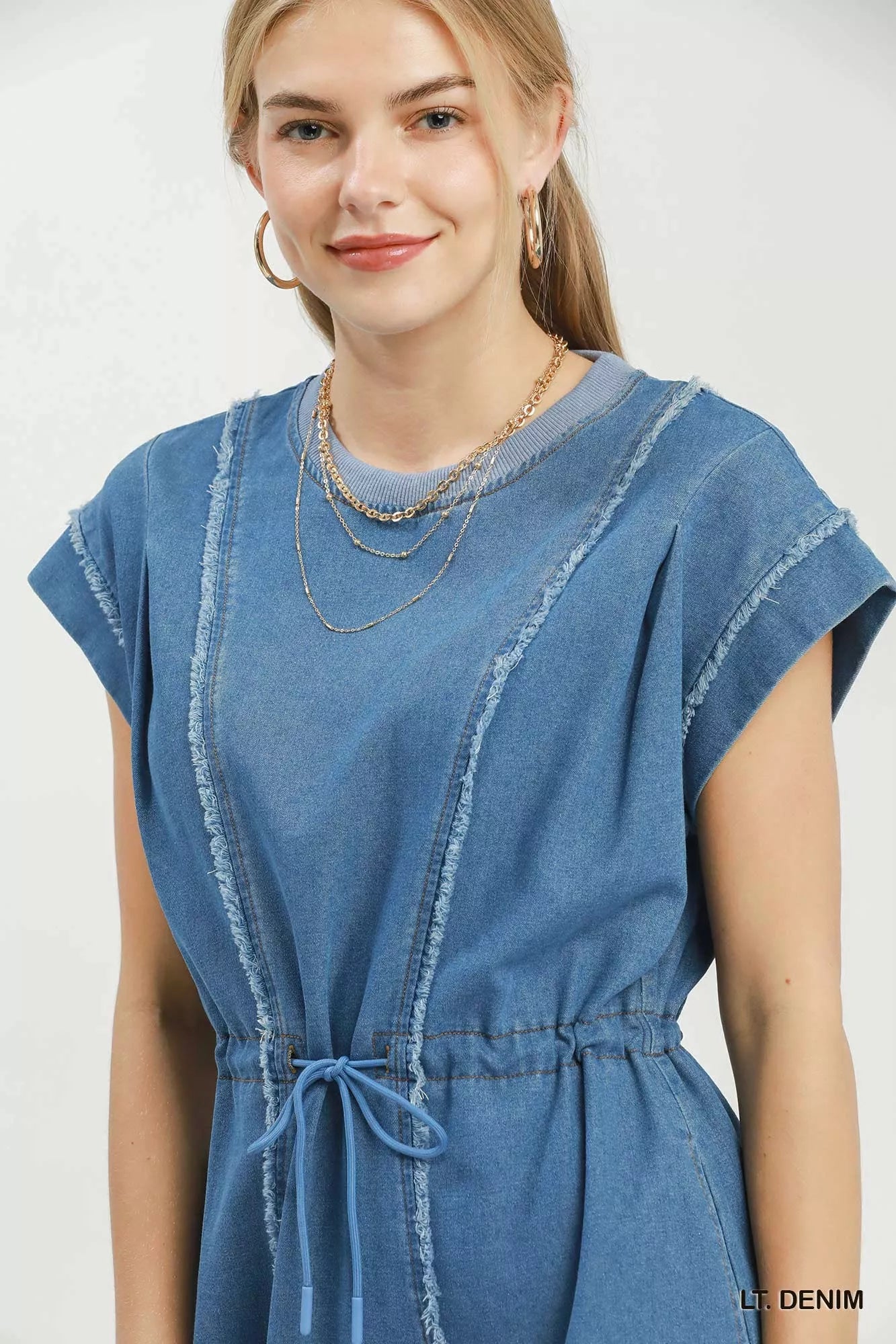 Frayed denim mini dress styled outfit view