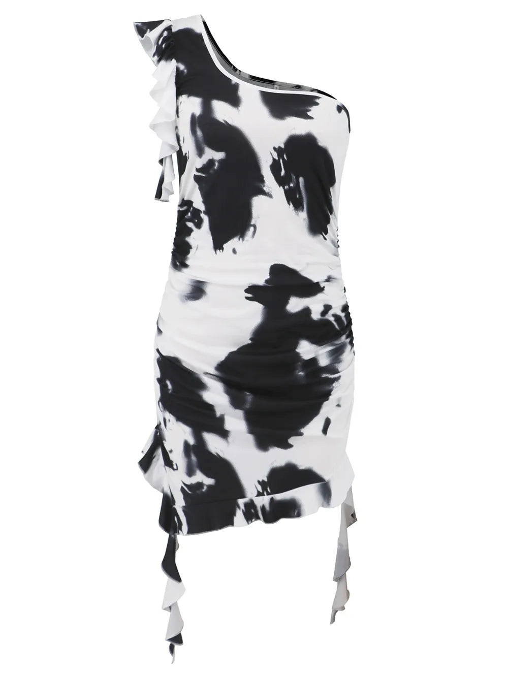 Black tie dye mini dress full length view on model