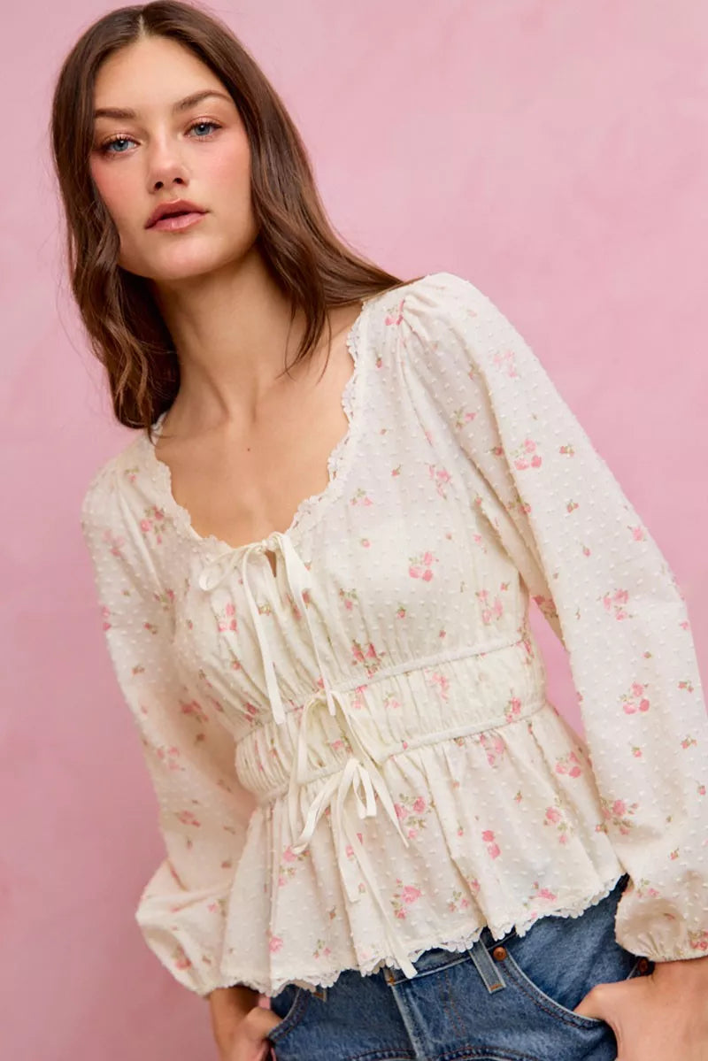 Floral blouse ruched bodice detail close up