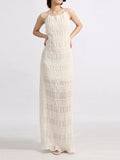 Backless halter neck ruched maxi dress front view in white