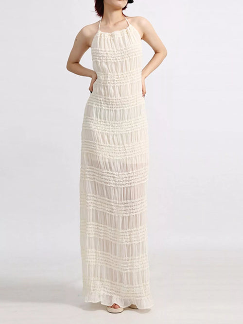 Backless halter neck ruched maxi dress front view in white