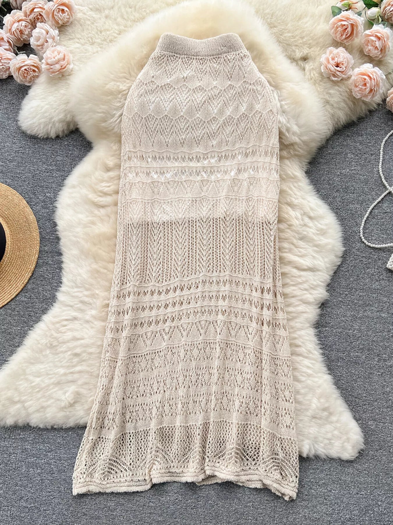 Crochet openwork maxi skirt detail of hollow out weave