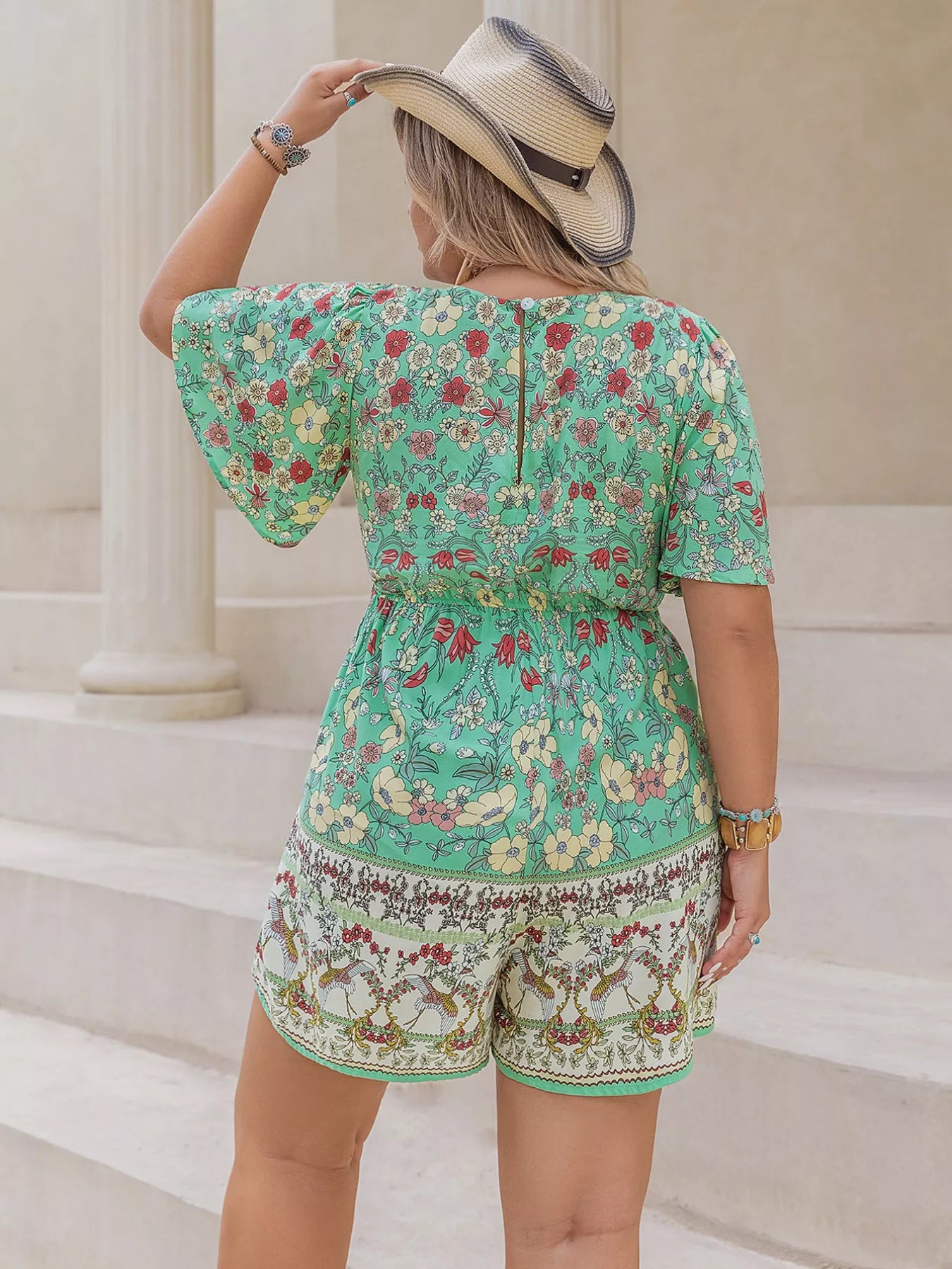 Close up of floral print viscose romper fabric
