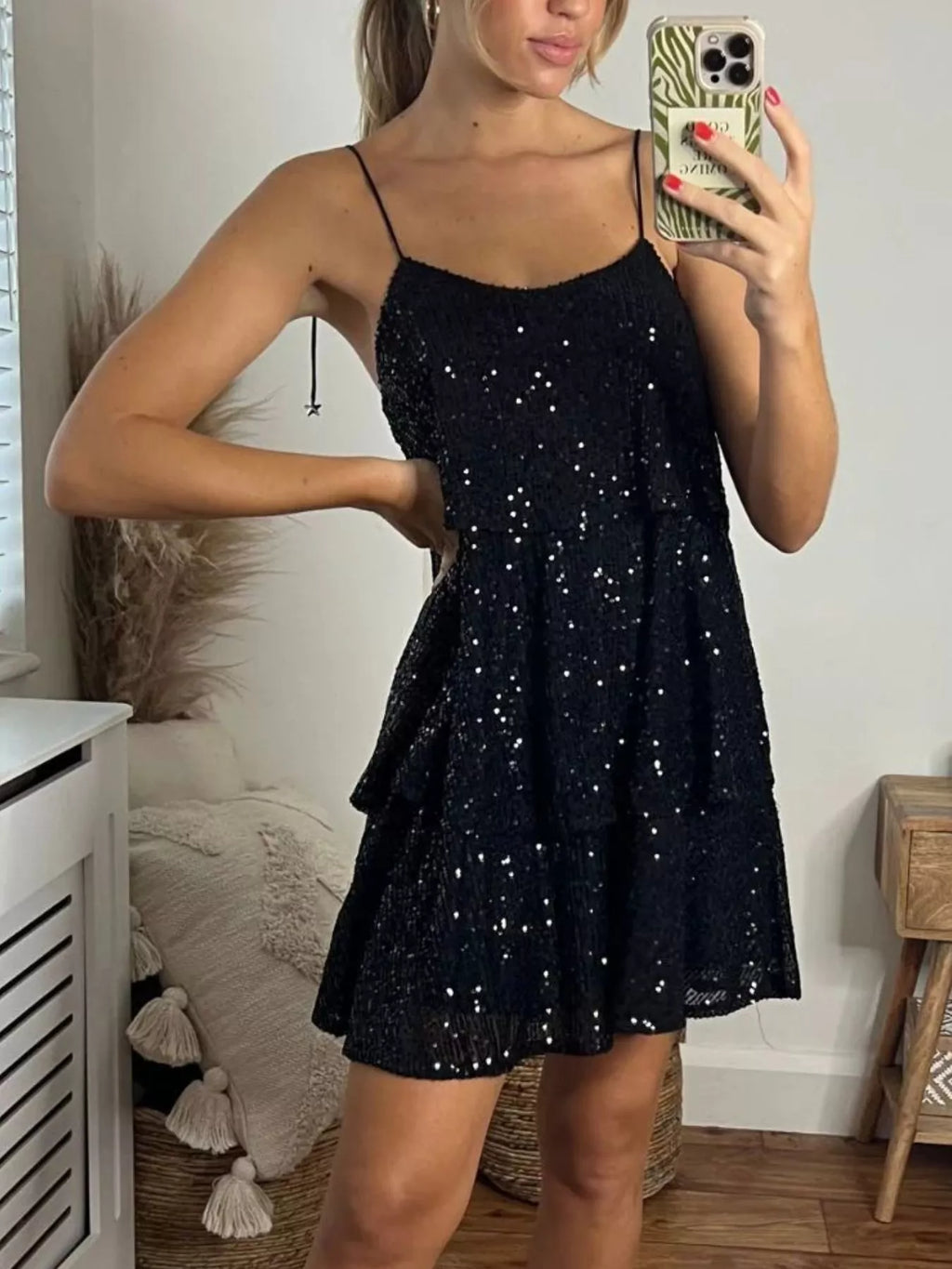 Sequin mini dress back strap detail