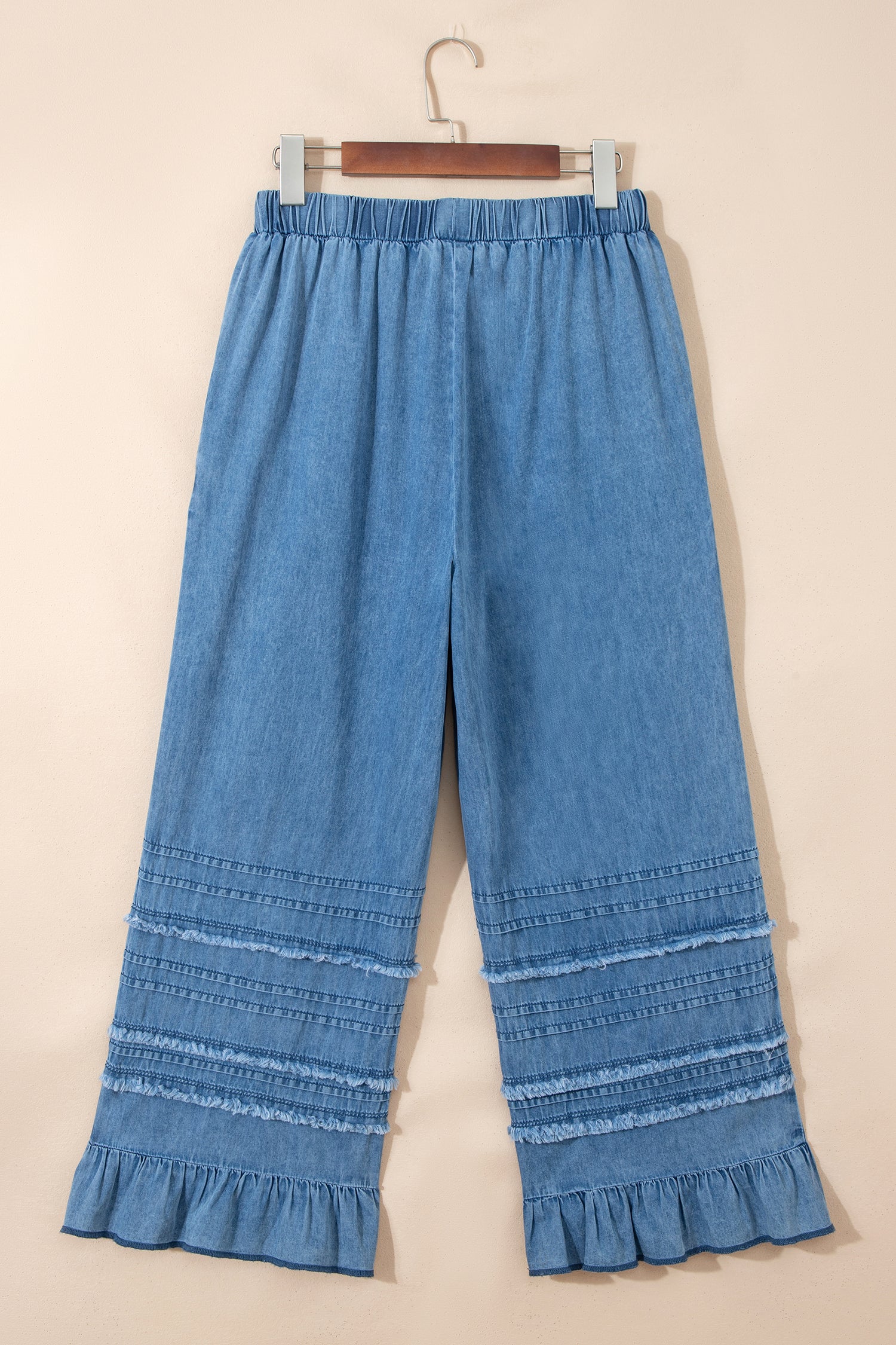 Beau Blue Ruffled Hem Wide Leg Chambray Pants