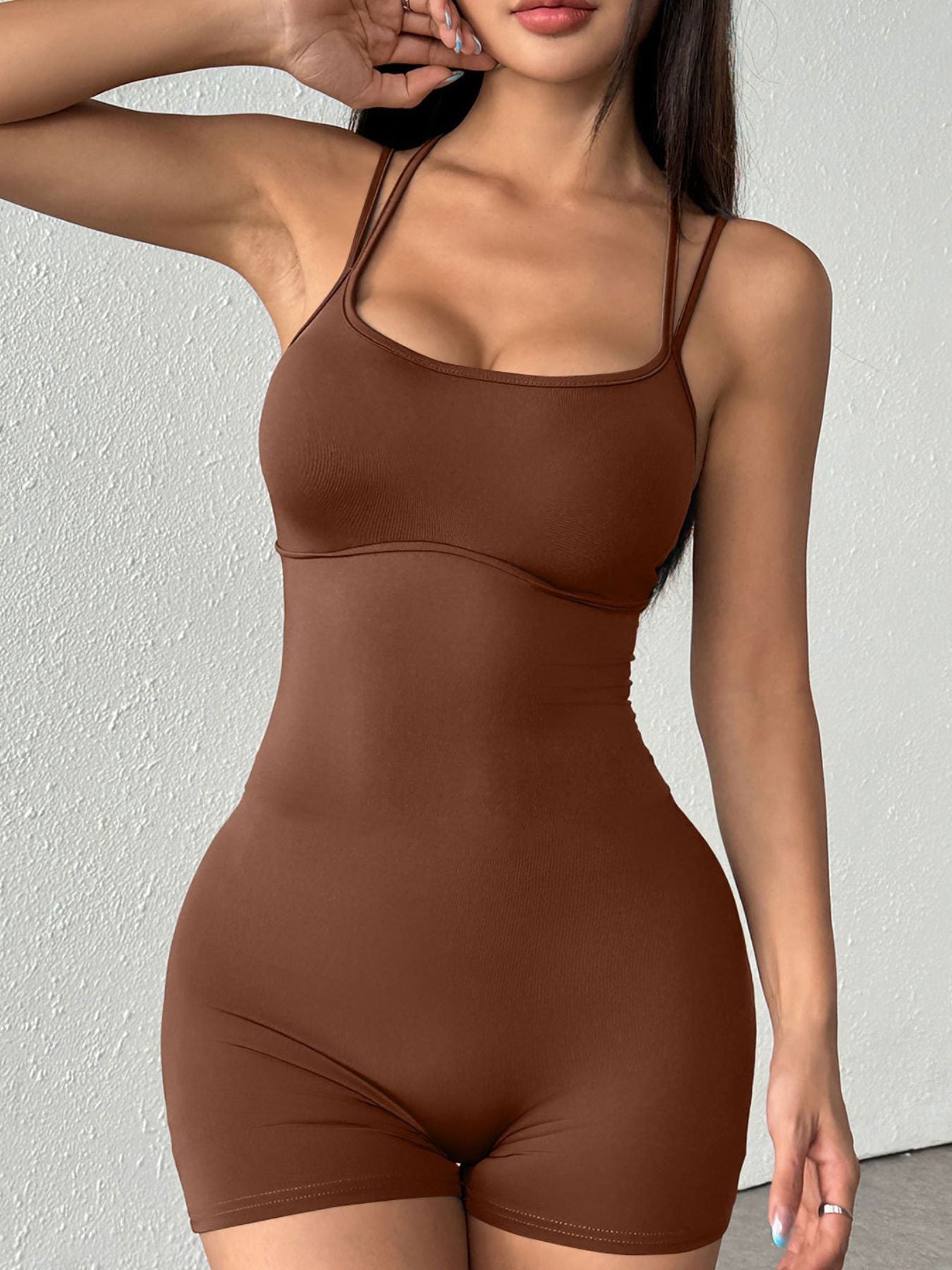 Double strap romper color range on model