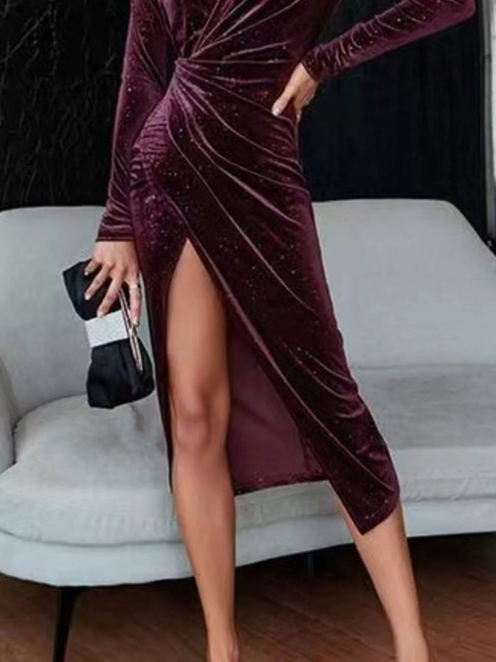 Velvet ruched midi dress model back view