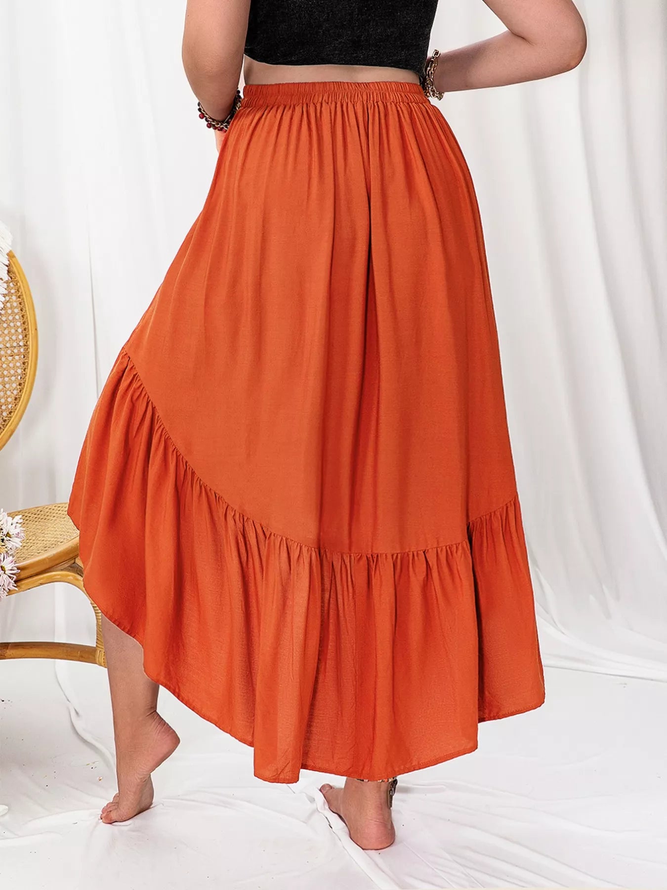 Ruffled high low skirt back view showing longer hem