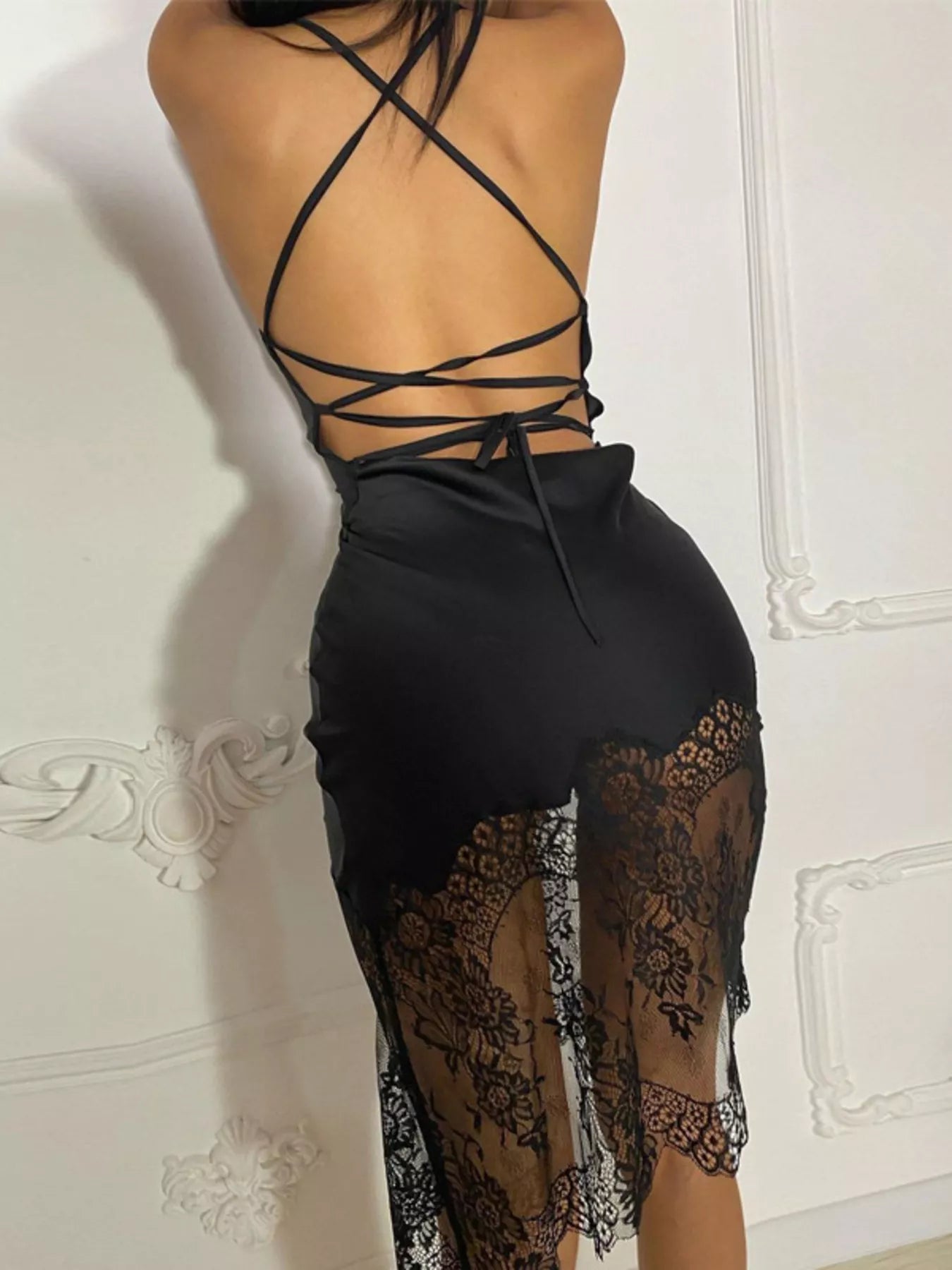 Lace trim satin dress side profile
