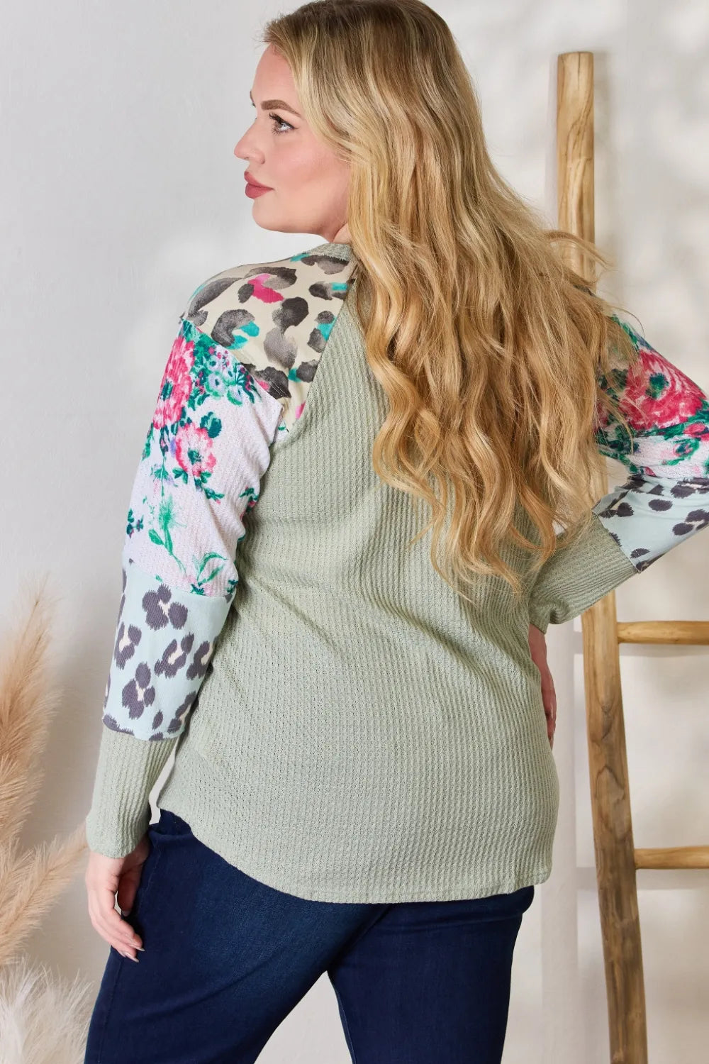 Round neck printed blouse curve model fit view