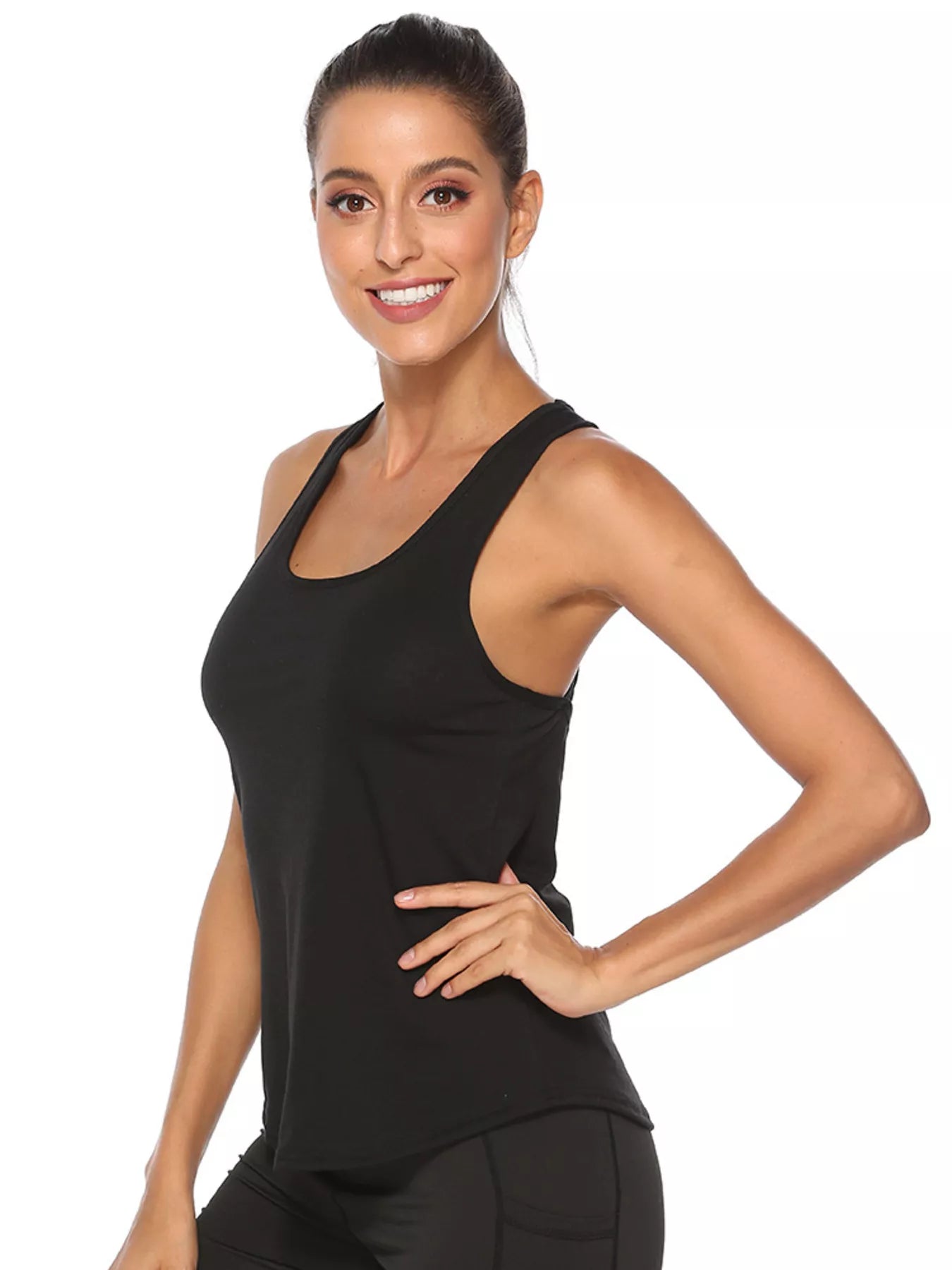 Black workout tank top crisscross back detail