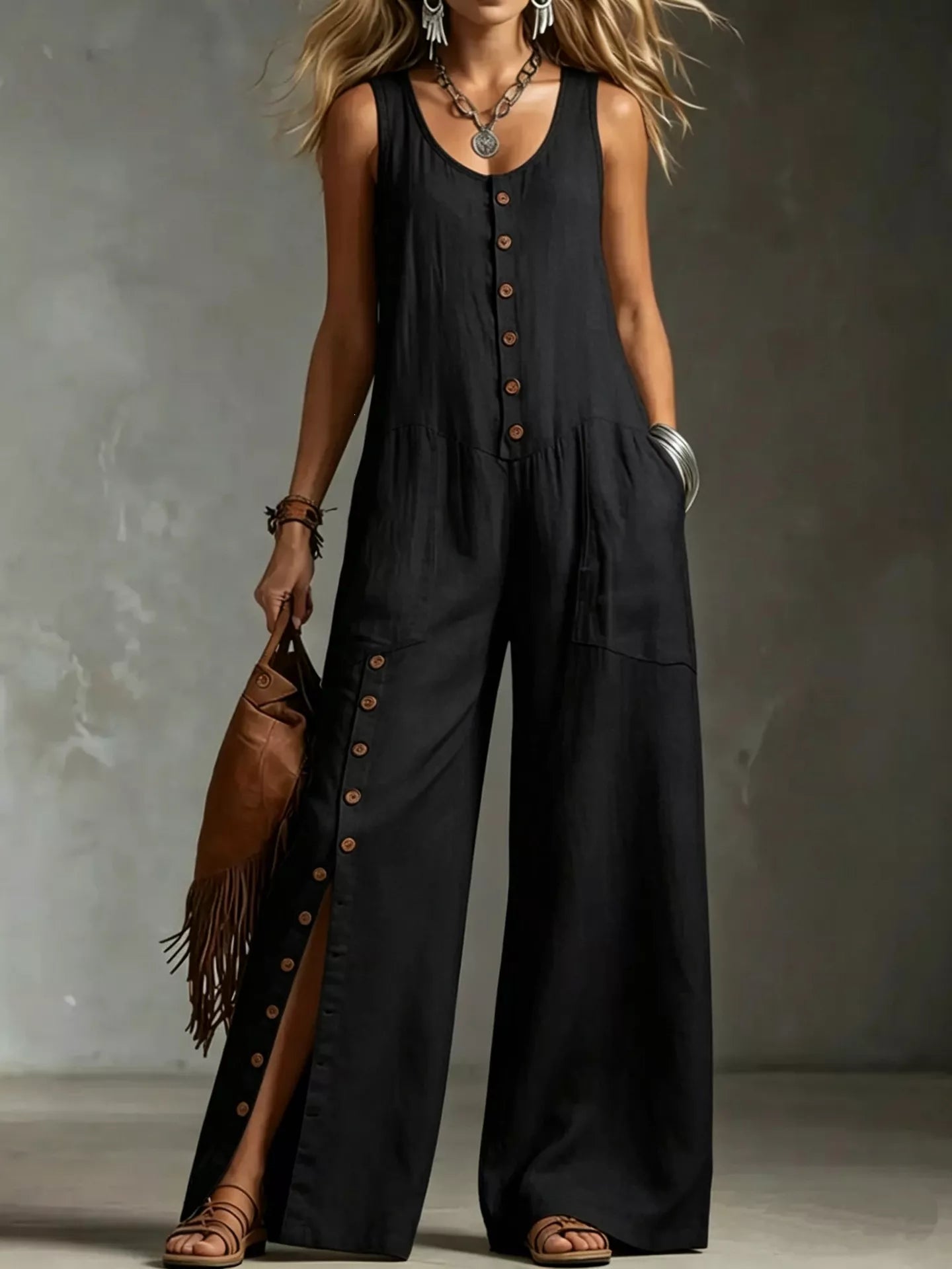 Black sleeveless button front wide leg jumpsuit front view