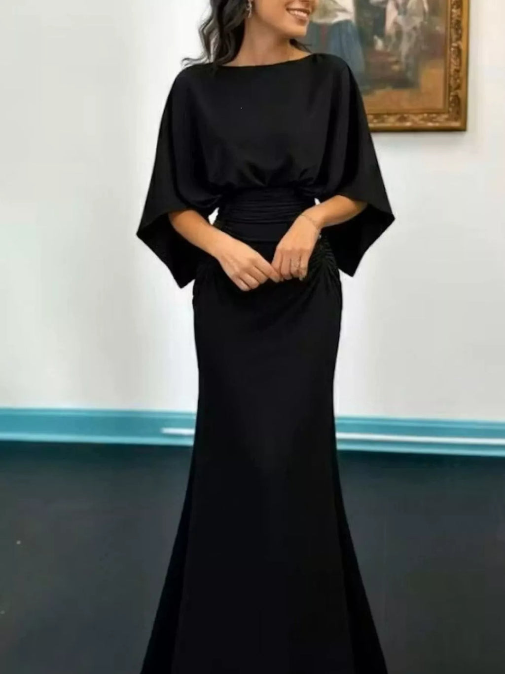 Batwing sleeve dress navy color view