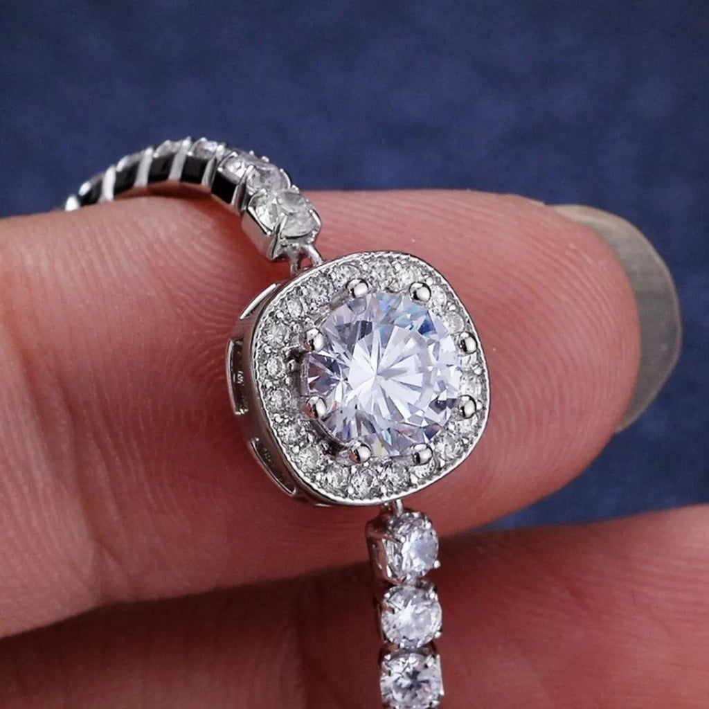 Moissanite stone detail on silver bracelet