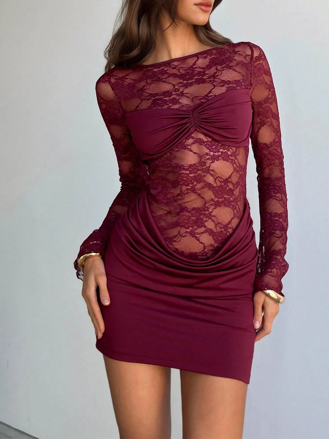 Cutout back detail on long sleeve lace dress