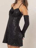 Black sequin rosette halter mini dress front view