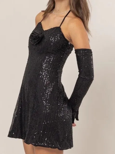 Black sequin rosette halter mini dress front view