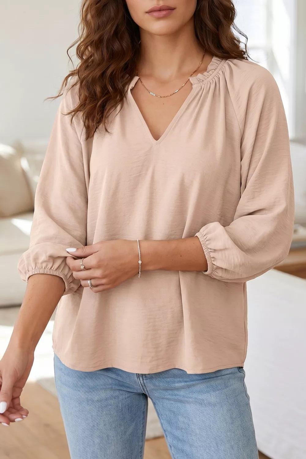 V neck gathered cuff blouse styled look