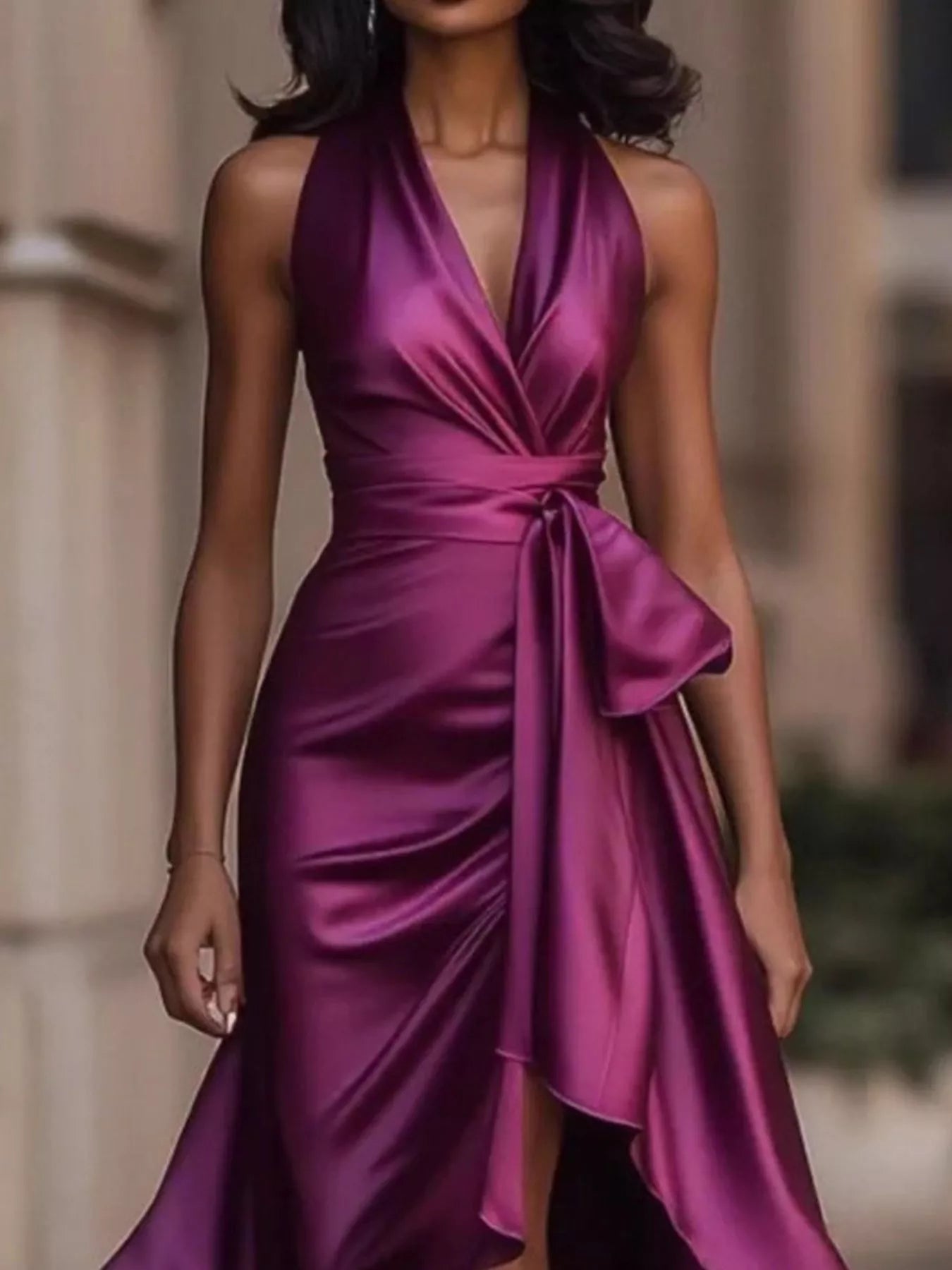 Satin high low maxi dress styled on model