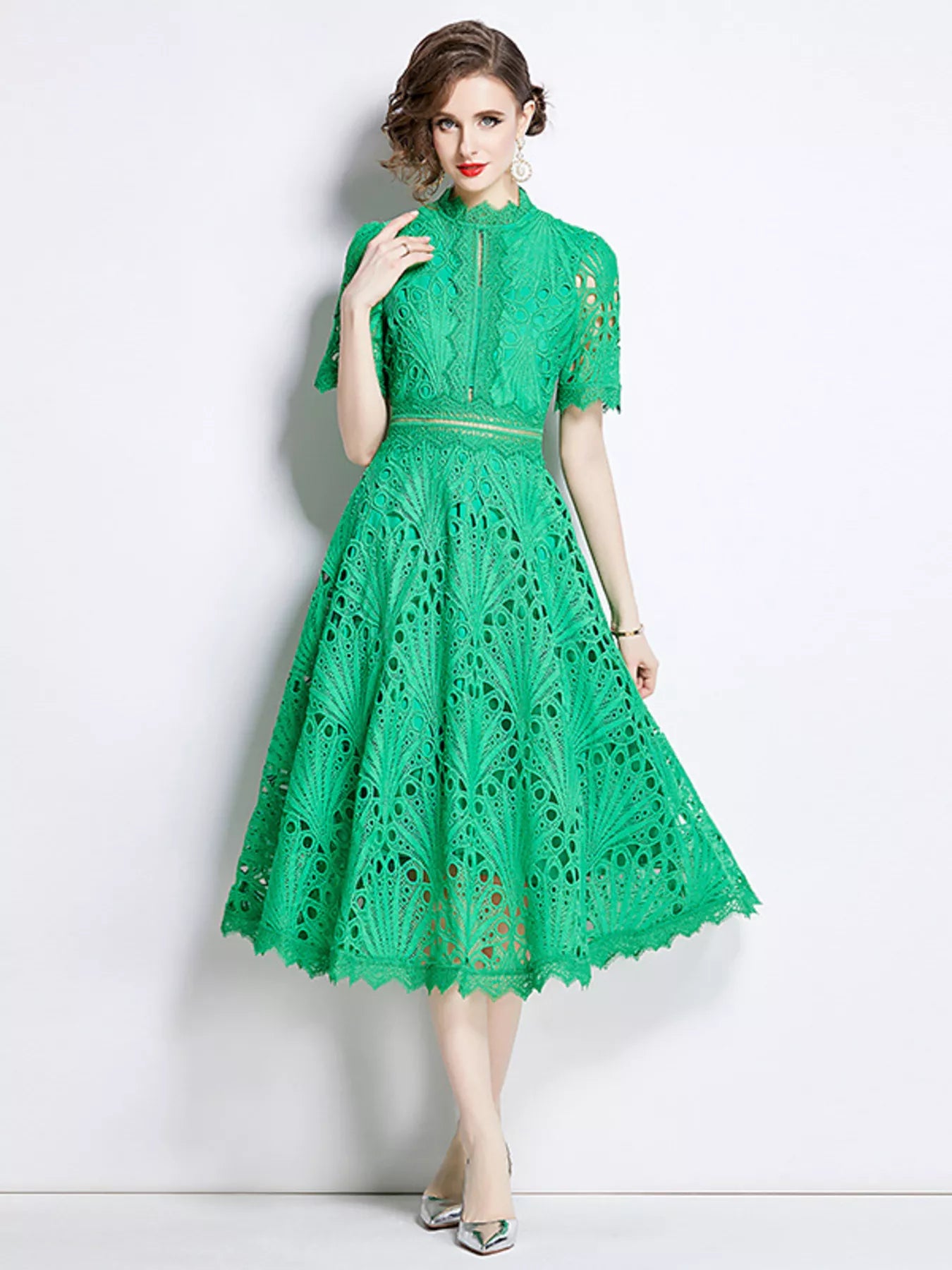 Detail of lace midi dress fabric and stitching