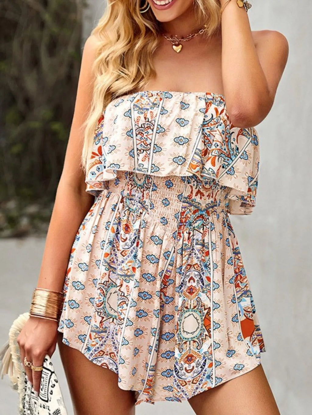 Printed smocked waist tube romper front view