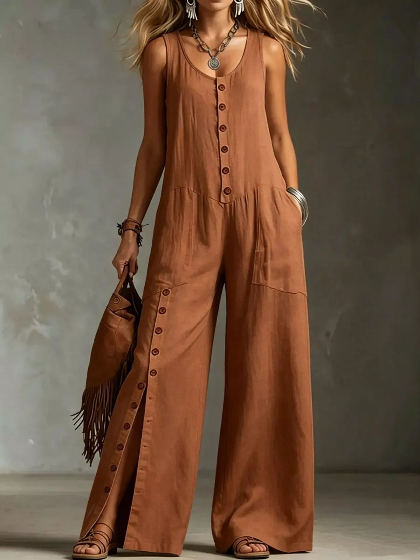 Caramel sleeveless button front wide leg jumpsuit front view