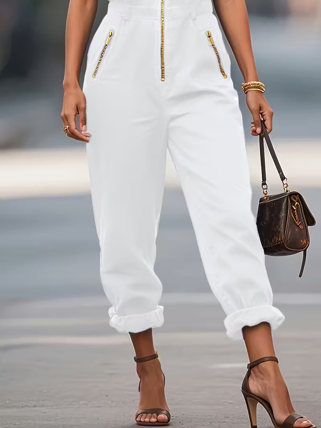 Sleeveless zip up jumpsuit styled on model